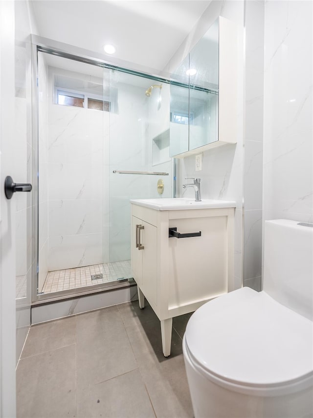 16346 21st Rd, Whitestone, NY 11357 - bathroom featuring vanity, a marble finish shower, tile patterned floors, and recessed lighting