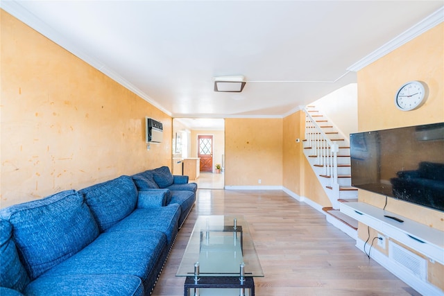 16346 21st Rd, Whitestone, NY 11357 - living room with stairs, wood finished floors, ornamental molding, and a wall mounted air conditioner