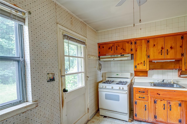 1435 Peters Blvd, Bay Shore, NY 11706 - kitchen with white range with gas cooktop, brown cabinetry, wallpapered walls, under cabinet range hood, and tasteful backsplash