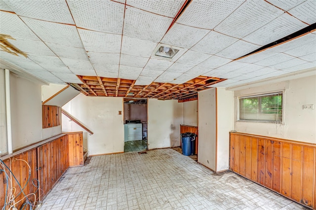 1435 Peters Blvd, Bay Shore, NY 11706 - below grade area featuring washer / clothes dryer, stairs, and wood walls