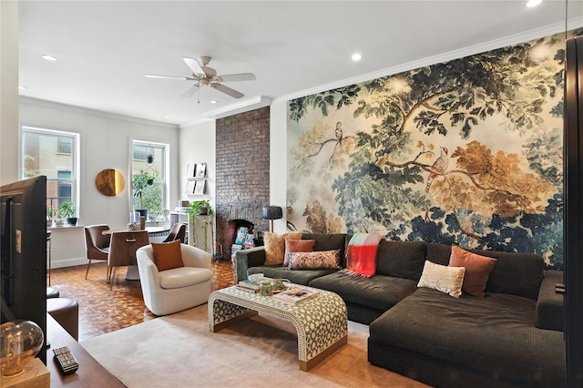 228 Pacific St, Brooklyn, NY 11201 - living area featuring crown molding, ceiling fan, recessed lighting, and a brick fireplace