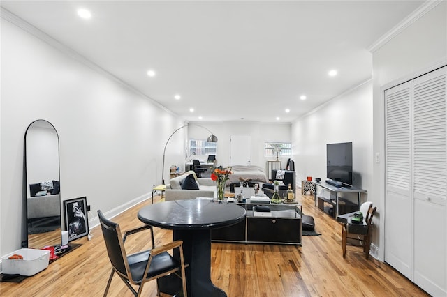 228 Pacific St, Brooklyn, NY 11201 - dining room with crown molding, light wood-style floors, and recessed lighting