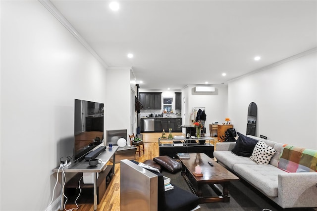 228 Pacific St, Brooklyn, NY 11201 - living room with crown molding, recessed lighting, and light wood-type flooring