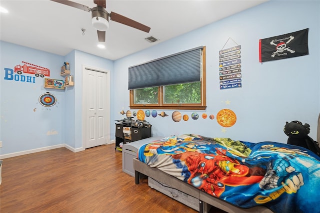 76 Cadman Ave, Babylon, NY 11702 - bedroom featuring wood finished floors, a closet, ceiling fan, and recessed lighting