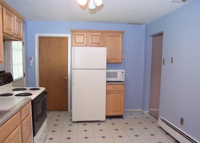 1439 Ocean Ave, Bohemia, NY 11716 - kitchen featuring white appliances, a baseboard heating unit, and light brown cabinets