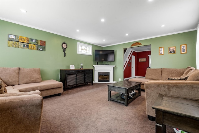 78-33 64th St, Glendale, NY 11385 - carpeted living area featuring ornamental molding, recessed lighting, and a glass covered fireplace