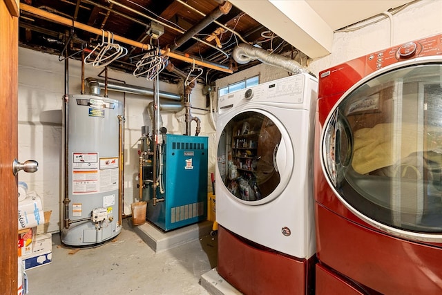 78-33 64th St, Glendale, NY 11385 - laundry room featuring independent washer and dryer, gas water heater, and a heating unit
