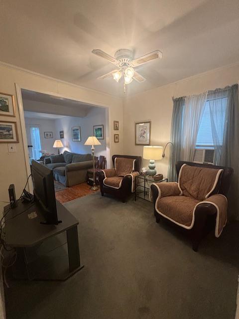 89 Hampton Ave, Albertson, NY 11507 - living room with a ceiling fan, carpet floors, and plenty of natural light