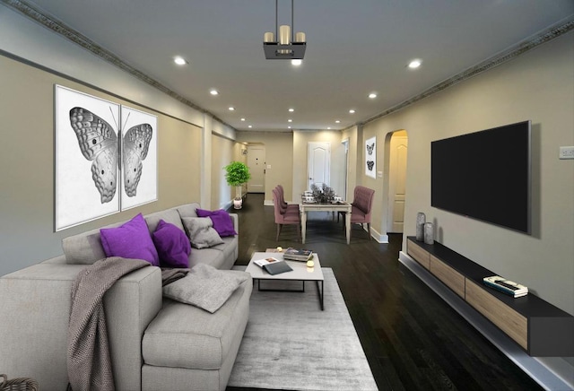 7281 113th St Unit 5F, Forest Hills, NY 11375 - living room with arched walkways, dark wood-style flooring, and recessed lighting