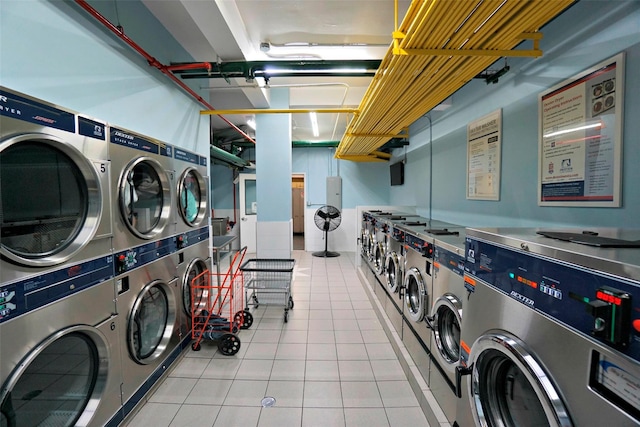 7281 113th St Unit 5F, Forest Hills, NY 11375 - shared laundry room with separate washer and dryer, stacked washer / dryer, and tile patterned floors