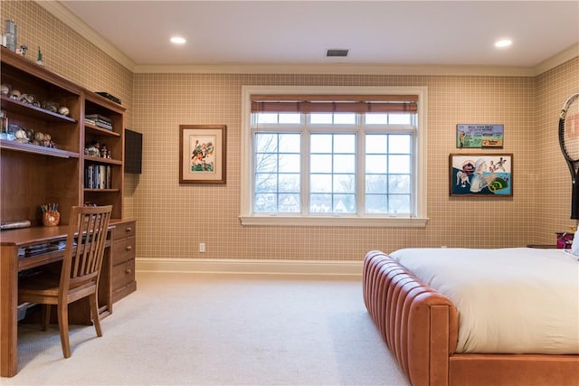 bedroom featuring light colored carpet and ornamental molding