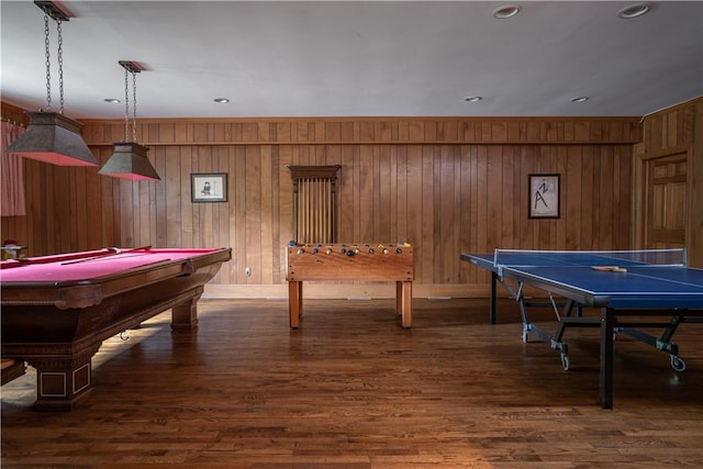 recreation room with wood walls, dark hardwood / wood-style flooring, and billiards