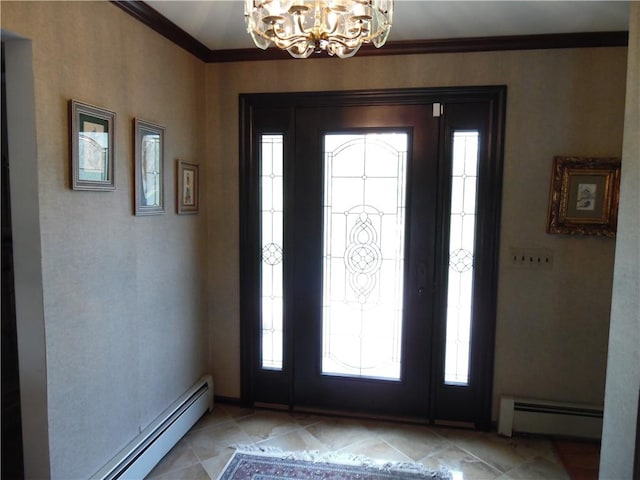 entrance foyer with baseboard heating, a chandelier, and a healthy amount of sunlight