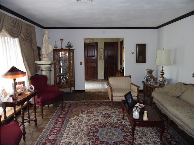 living room featuring parquet floors and crown molding