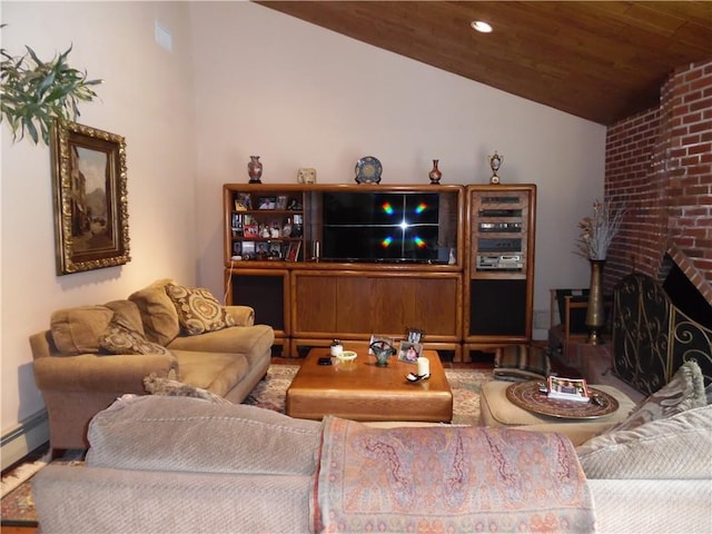 living room with a fireplace, a baseboard heating unit, and lofted ceiling