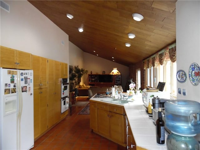 kitchen with white appliances, wooden ceiling, lofted ceiling, and sink