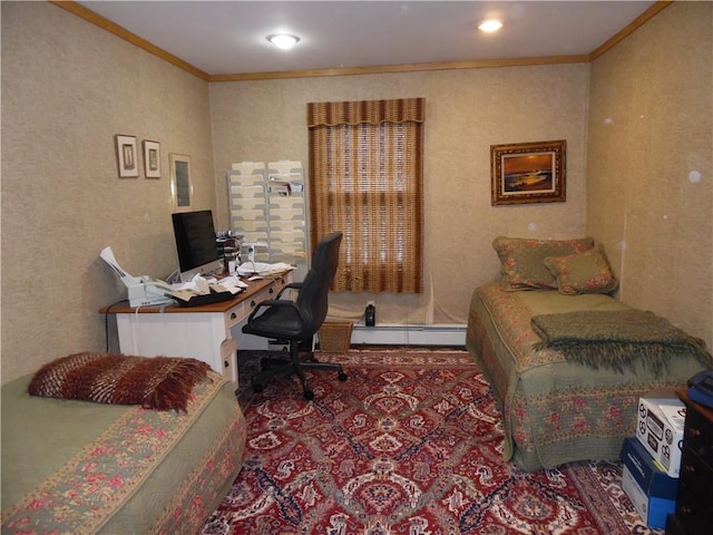 carpeted bedroom with crown molding and a baseboard heating unit