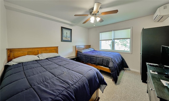 carpeted bedroom featuring ceiling fan and a wall unit AC