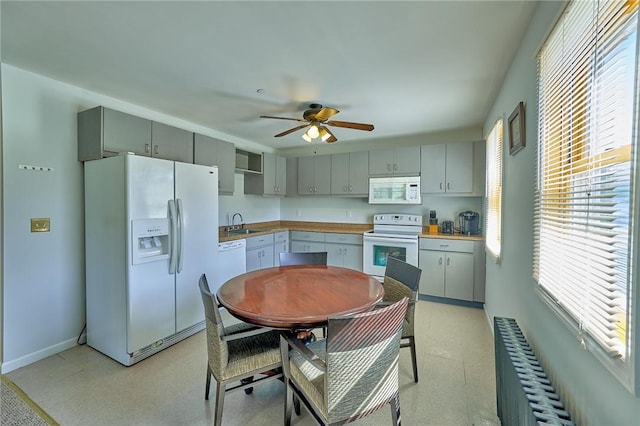 kitchen with radiator heating unit, white appliances, gray cabinets, and sink