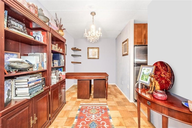 home office featuring an inviting chandelier