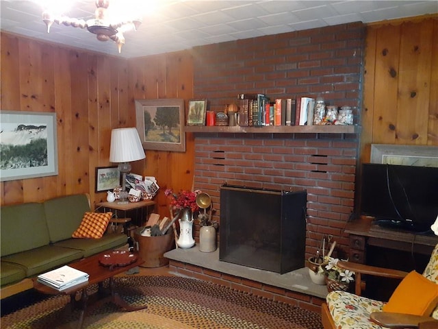 living room with wooden walls