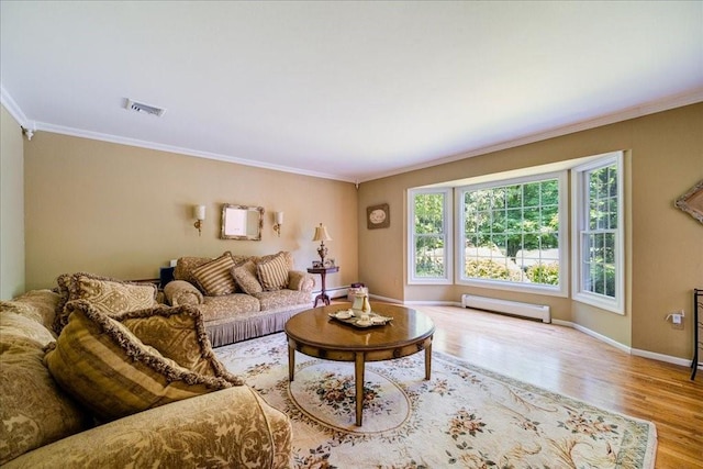 10 Evergreen Ct, Suffern, NY 10901 - living room with a baseboard heating unit, ornamental molding, wood finished floors, and baseboards
