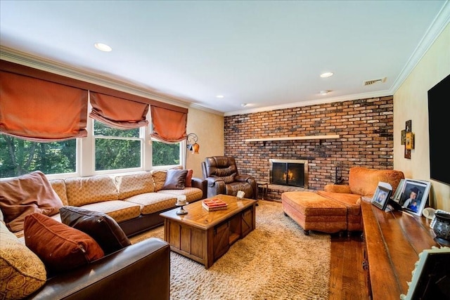 10 Evergreen Ct, Suffern, NY 10901 - living room with crown molding, a fireplace, light wood-type flooring, and recessed lighting