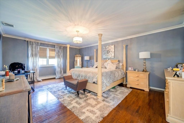 10 Evergreen Ct, Suffern, NY 10901 - bedroom featuring dark wood finished floors, baseboards, ornamental molding, a baseboard heating unit, and a desk