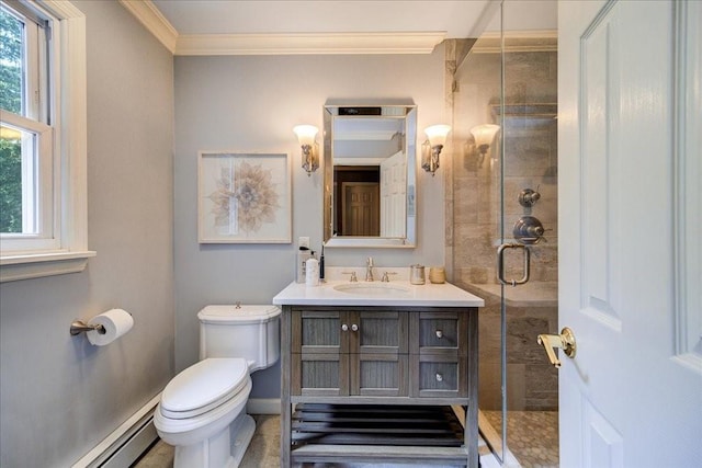 10 Evergreen Ct, Suffern, NY 10901 - full bathroom with crown molding, baseboard heating, a shower stall, toilet, and vanity