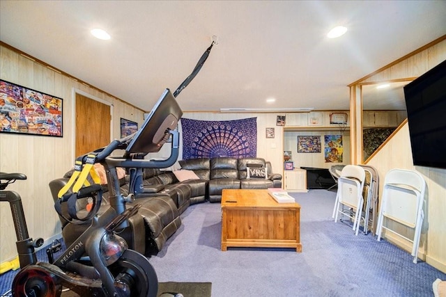 10 Evergreen Ct, Suffern, NY 10901 - living area with wooden walls, carpet flooring, crown molding, and recessed lighting