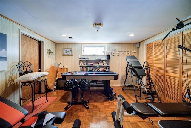 10 Evergreen Ct, Suffern, NY 10901 - workout area with pool table, wood walls, and ornamental molding
