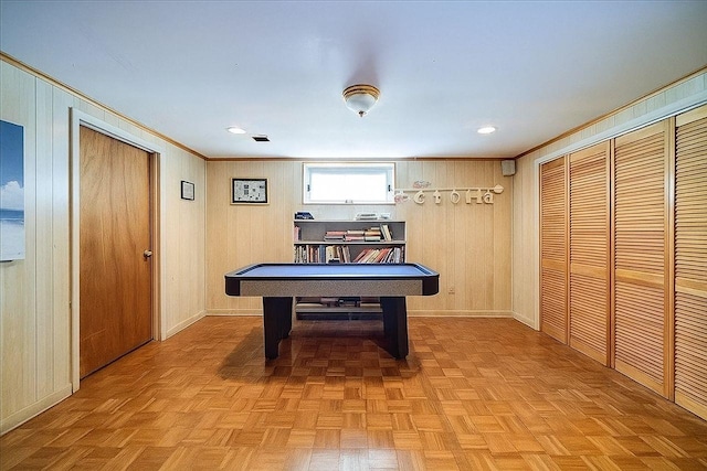 10 Evergreen Ct, Suffern, NY 10901 - playroom featuring crown molding, pool table, and wood walls