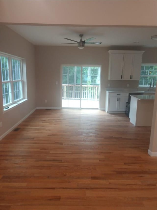 unfurnished living room with light wood-type flooring and a wealth of natural light