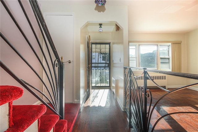 foyer entrance featuring hardwood / wood-style floors and radiator