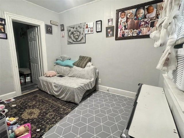 bedroom with wooden walls