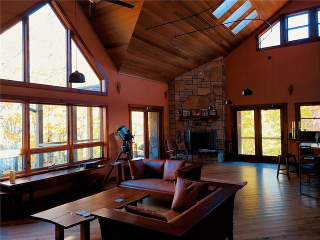 living room with hardwood / wood-style flooring, high vaulted ceiling, plenty of natural light, and wooden ceiling