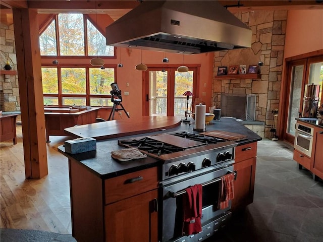 kitchen featuring appliances with stainless steel finishes, light hardwood / wood-style flooring, plenty of natural light, and exhaust hood