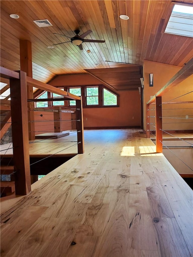 additional living space featuring ceiling fan, wood ceiling, and lofted ceiling with skylight