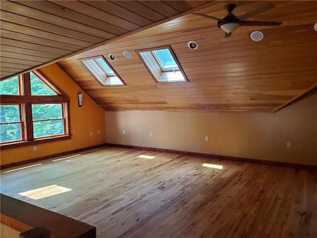 bonus room with ceiling fan, vaulted ceiling with skylight, wood ceiling, and light hardwood / wood-style floors