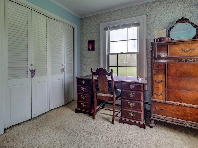 office area featuring light colored carpet and ornamental molding