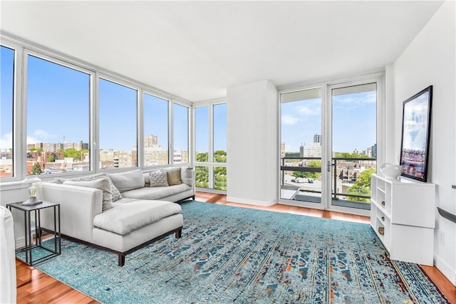 living room with a wall of windows and wood-type flooring