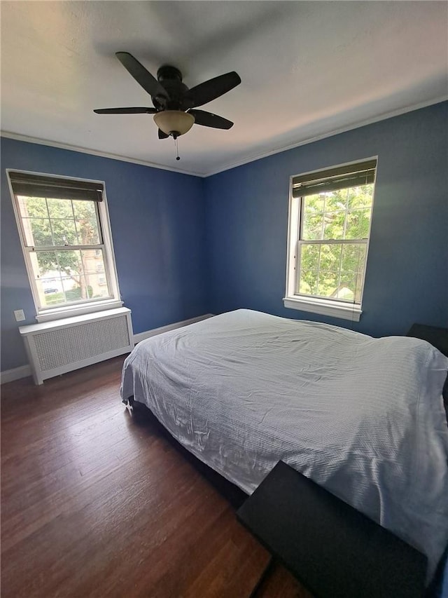 bedroom with ceiling fan, radiator heating unit, dark wood-type flooring, and multiple windows