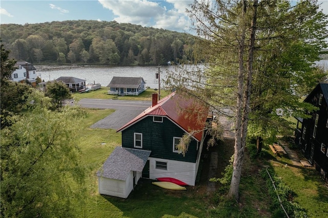 drone / aerial view with a water view