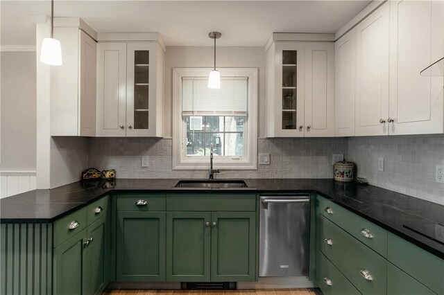 kitchen with white cabinets, dishwasher, sink, and decorative light fixtures