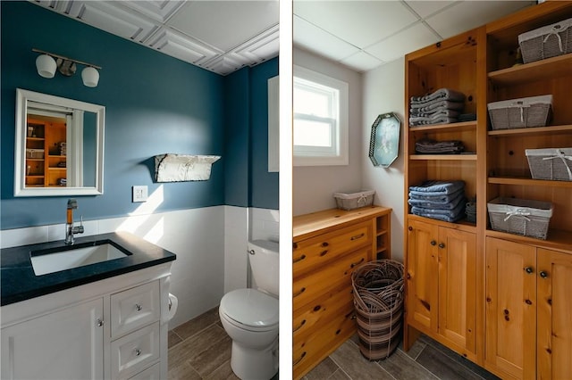 bathroom with hardwood / wood-style floors, vanity, and toilet