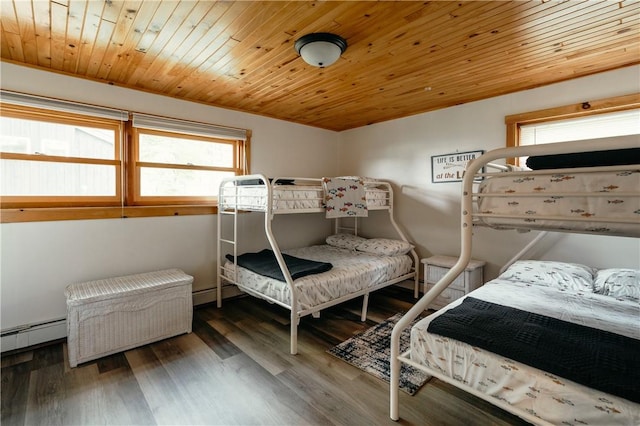 bedroom featuring a baseboard radiator, wooden ceiling, and dark hardwood / wood-style floors