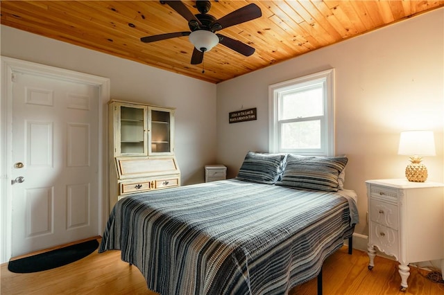 bedroom featuring light hardwood / wood-style floors, ceiling fan, and wood ceiling