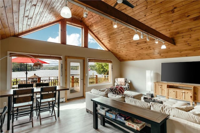 living room with wooden ceiling, a water view, rail lighting, beamed ceiling, and light hardwood / wood-style floors