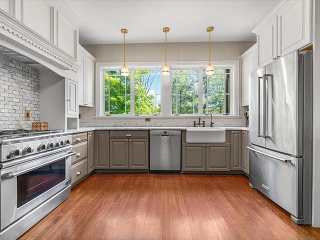 2 Pine Hill Rd, Chester, NY 10918 - kitchen with premium appliances, gray cabinets, a sink, dark wood-style flooring, and custom exhaust hood