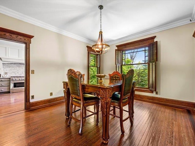 2 Pine Hill Rd, Chester, NY 10918 - dining room with dark wood-style floors, baseboards, crown molding, and a chandelier